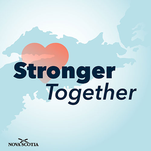 Province of Nova Scotia with a heart and the words stronger together overlaid